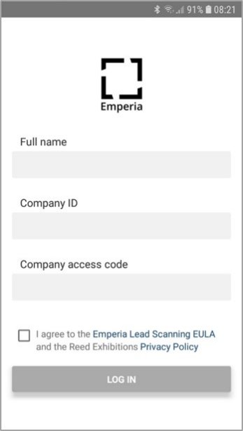 Emperia login screen